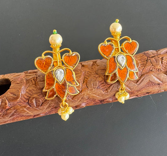 Gold tone brown kundan jadau lotus bugadi earrings dj-51160