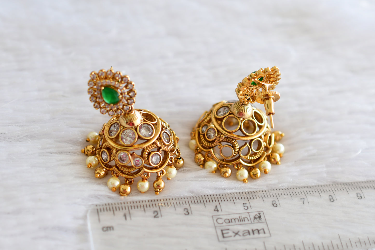 Antique gold tone green-pearl jhumkka dj-51937