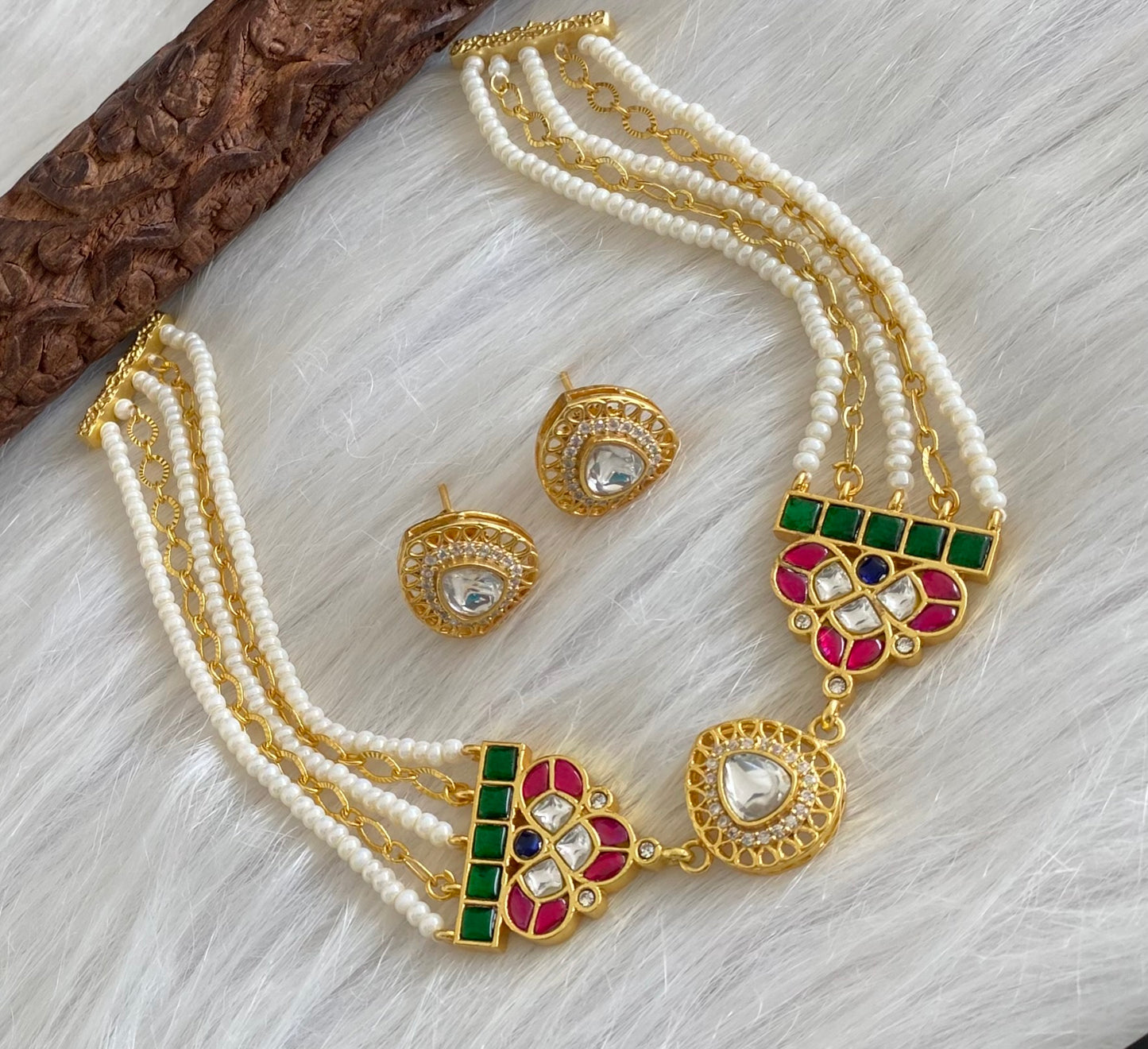 Gold tone kundan jadau pearl choker necklace set dj-54182