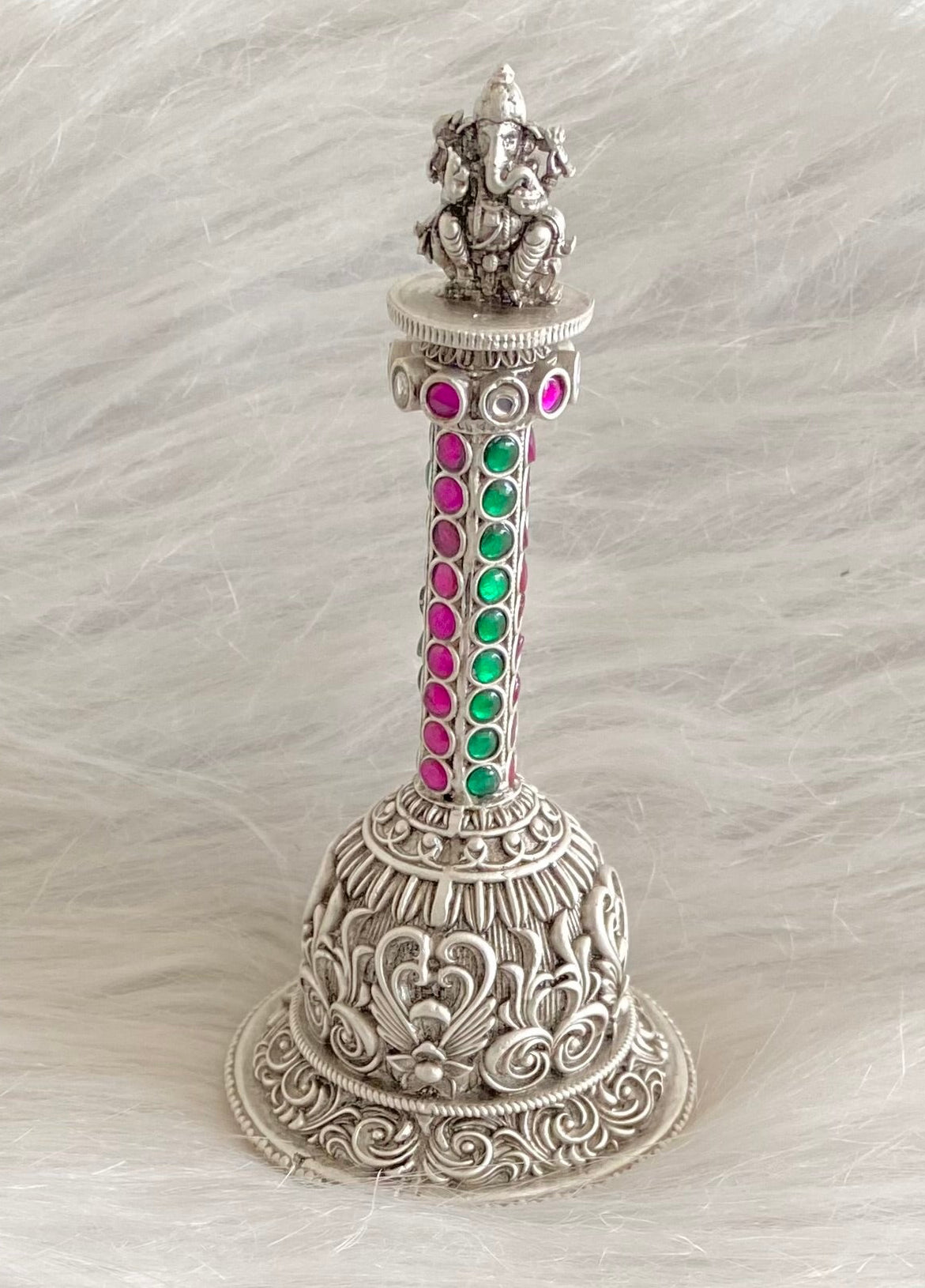 Silver tone pink-green stone ganesha bell dj-54233