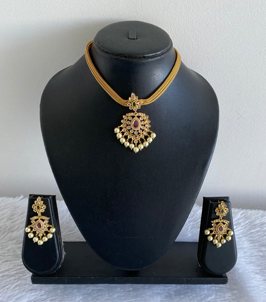 Matte finish ruby-green pearl necklace set dj-52133