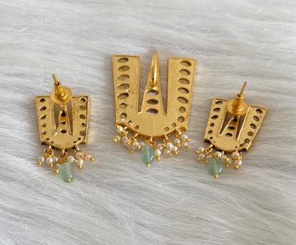 Gold tone white-green-pink kundan jadau thirumal nama pendant set dj-53984