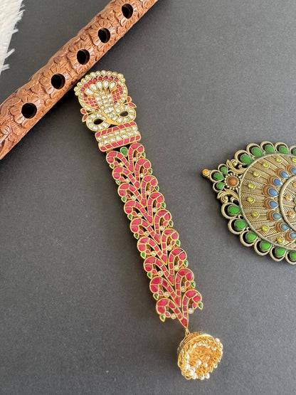 Gold tone pink-green kundan jadau jadai nagam/hair jewel dj-52033