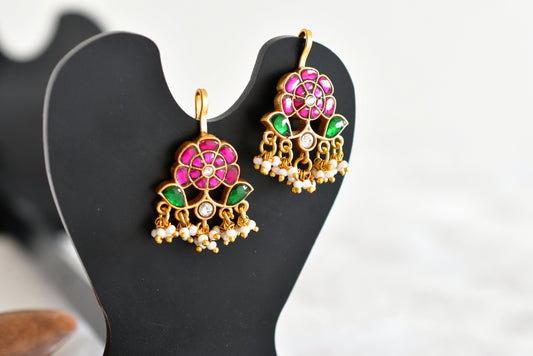 Gold tone pink-green-white kundan jadau flower bugadi earrings dj-52479