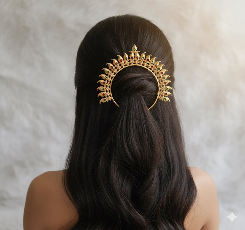 Gold tone kemp-green mango hair jewel/pin dj-52349