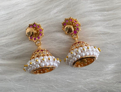 Gold tone ruby-white stone pearl cluster south Indian style jhumkka dj-41761