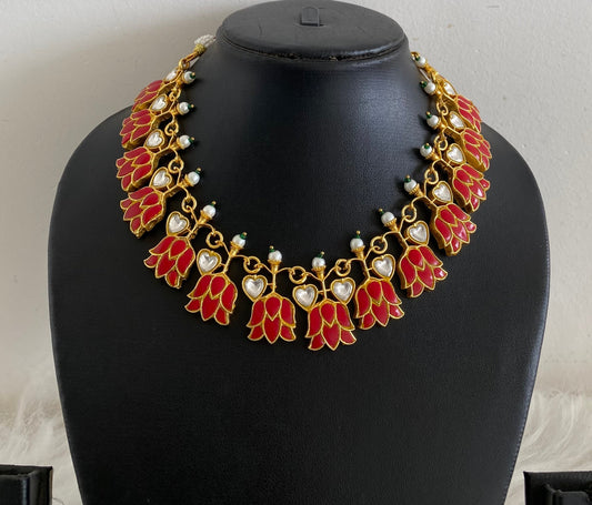 Gold tone coral-white kundan jadau lotus necklace dj-54536