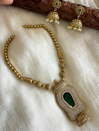 Antique gold tone pink-green-white Kerala style necklace set dj-52619