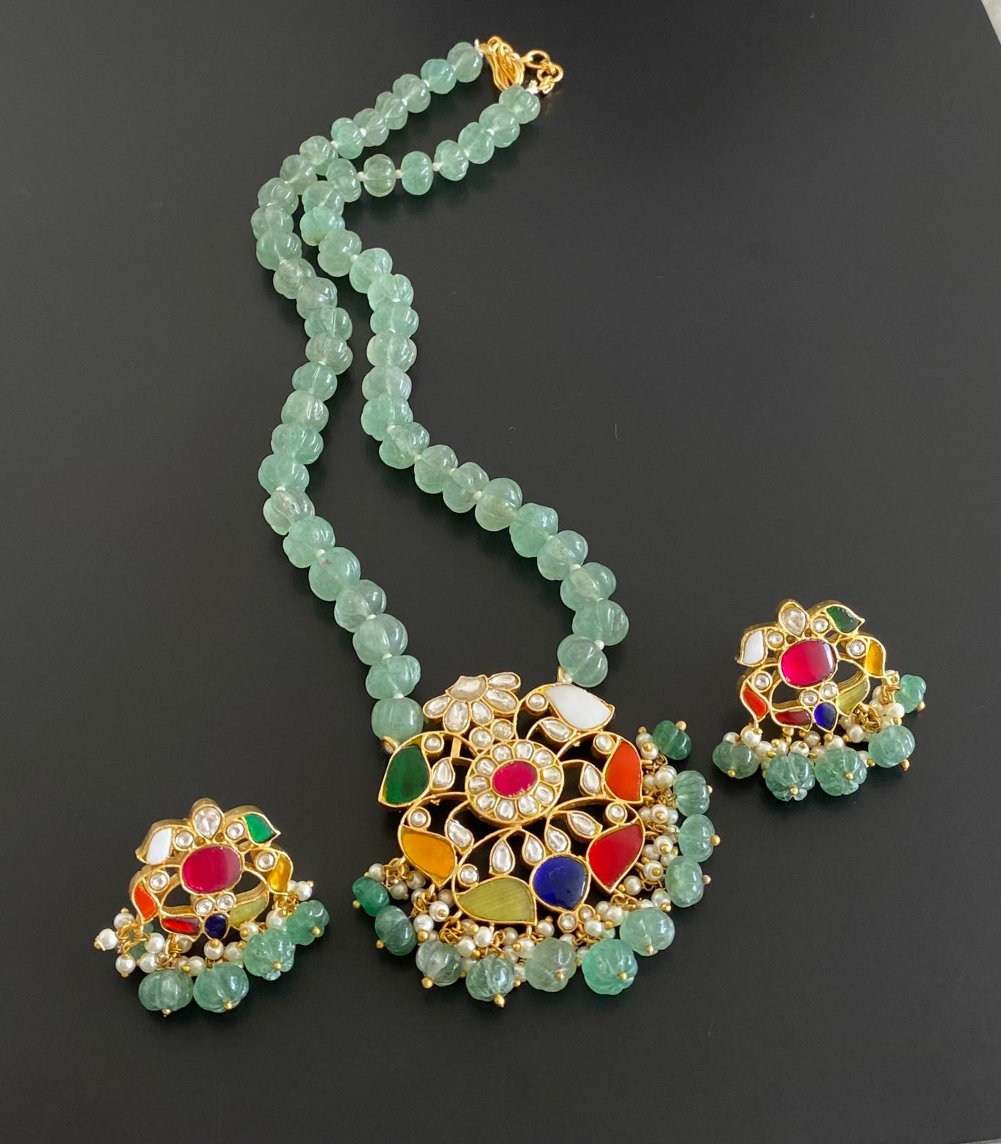 Antique gold  pumpkin green beaded kundan jadau navarathna mid/length necklace set dj-54169