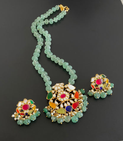 Antique gold  pumpkin green beaded kundan jadau navarathna mid/length necklace set dj-54169