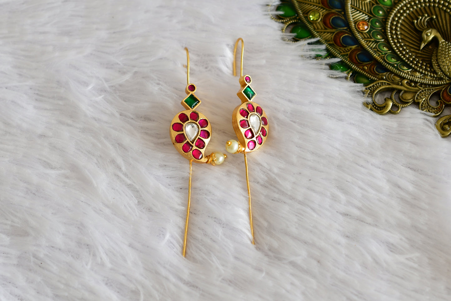 Gold tone pink-green-white kundan jadau mango bugadi needle earrings dj-52462