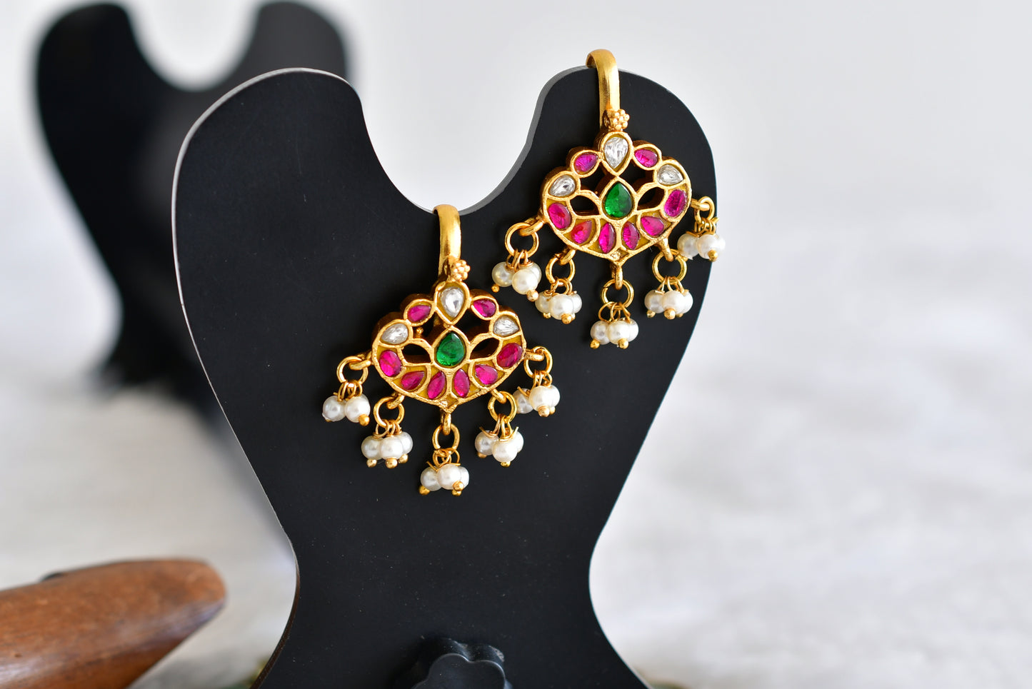 Gold tone pink-green-white kundan jadau bugadi earrings dj-52475