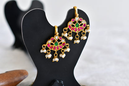 Gold tone pink-green-white kundan jadau bugadi earrings dj-52475