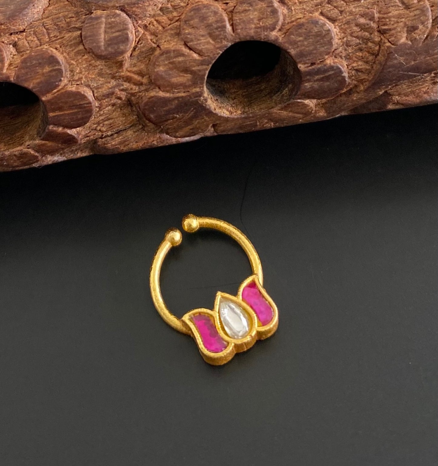 Gold tone kundan jadau pink-white stone lotus nose pin/bulakku dj-53753
