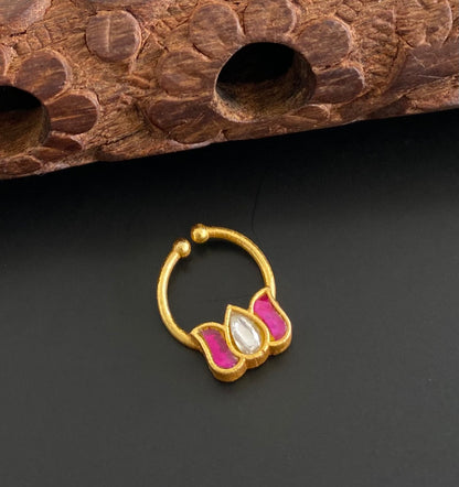 Gold tone kundan jadau pink-white stone lotus nose pin/bulakku dj-53753
