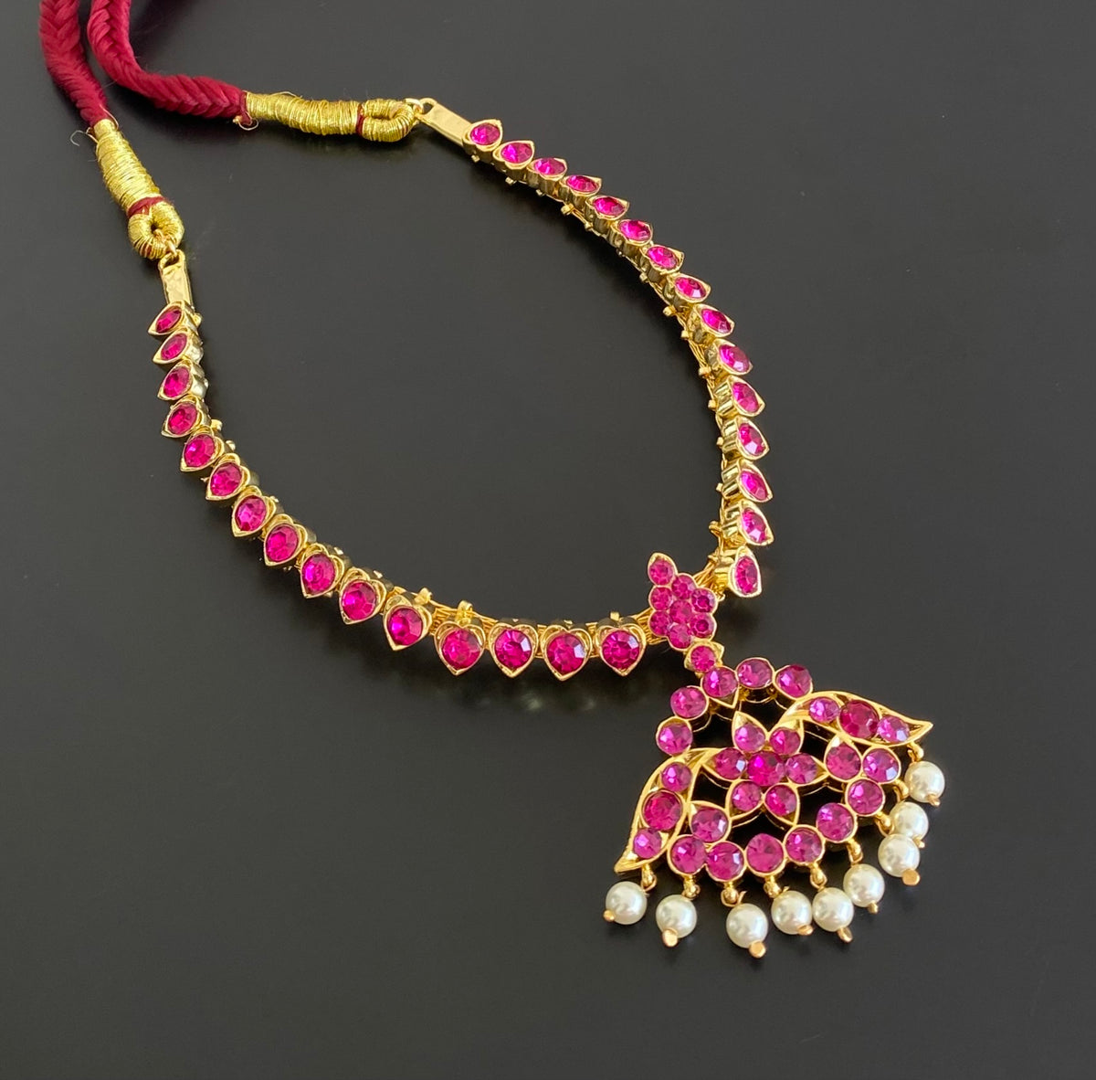 Gold tone AD balaji/rani pink stone pearl attigai flower necklace dj-55130