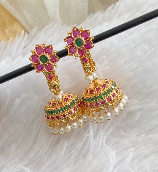 Gold Tone Cz Pink-green Flower Jhumkka DJ29966