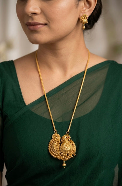 Antique gold tone 30 inches chain with annapakshi pendant set dj-54521