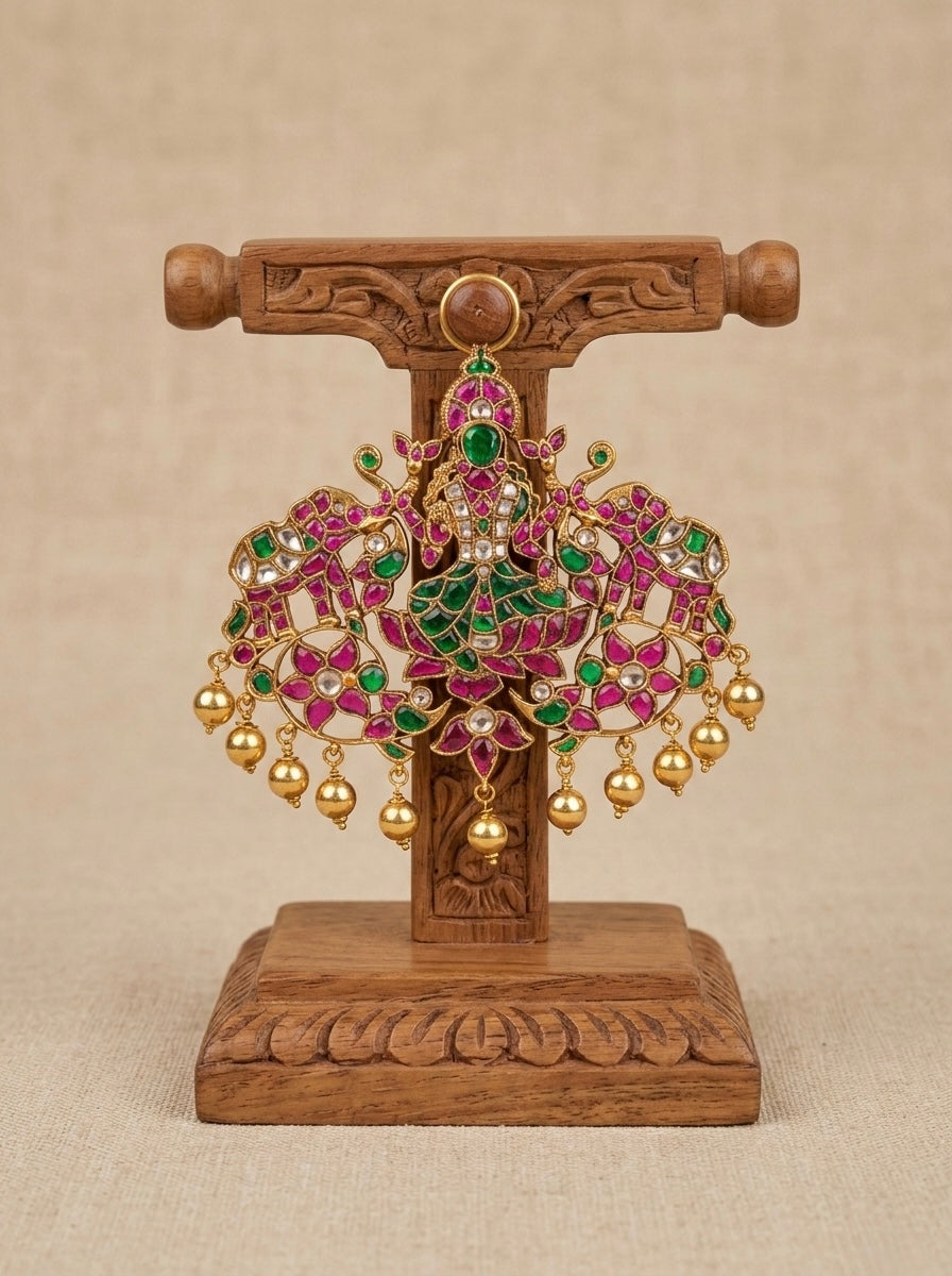 Gold tone pink-green-white kundan jadau big gajalakshmi pandent dj-52897