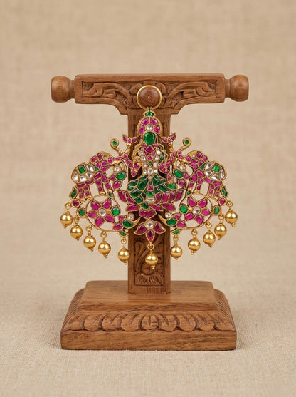 Gold tone pink-green-white kundan jadau big gajalakshmi pandent dj-52897