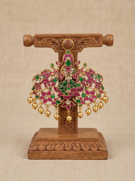 Gold tone pink-green-white kundan jadau big gajalakshmi pandent dj-52897