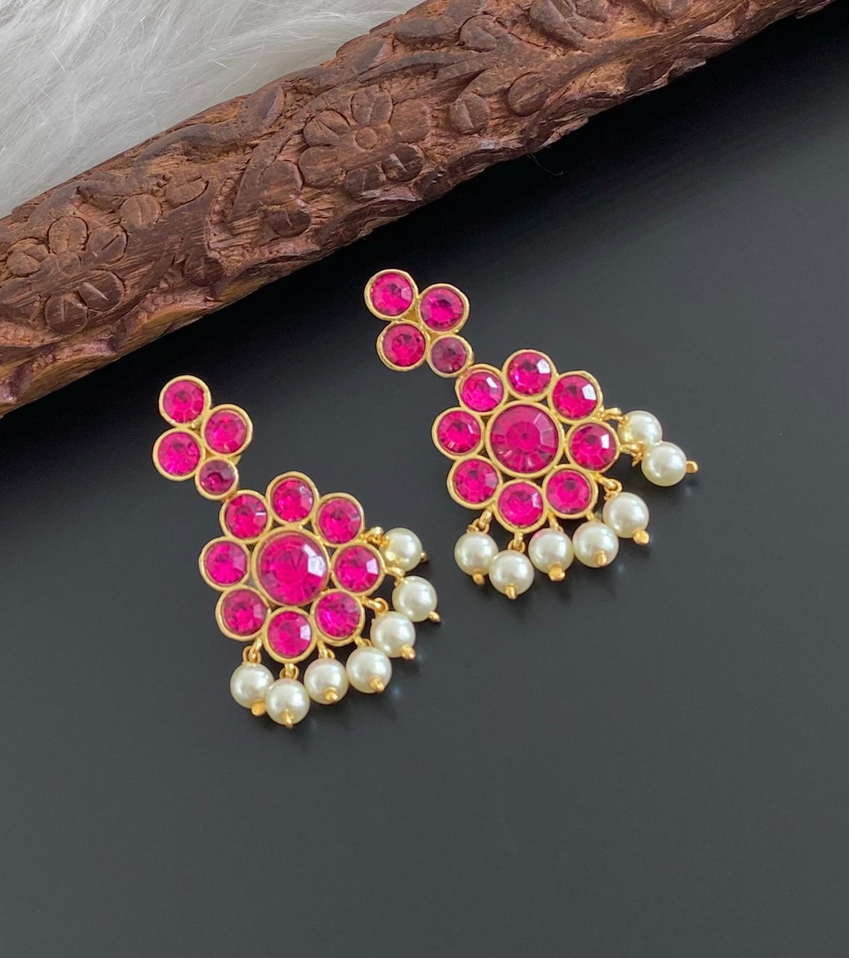Gold tone AD balaji/rani pink stone pearl flower earrings dj-55134