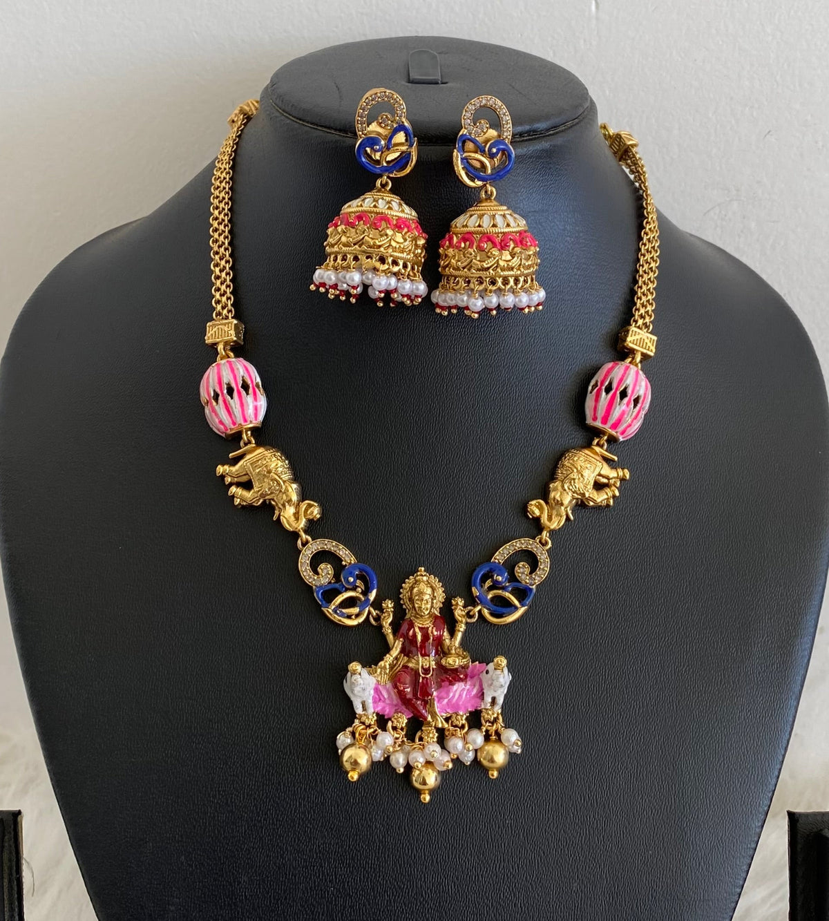 Matte finish meenakari peacock gaja lakshmi necklace set dj-54747