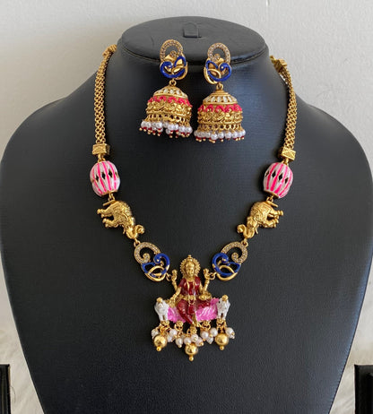 Matte finish meenakari peacock gaja lakshmi necklace set dj-54747