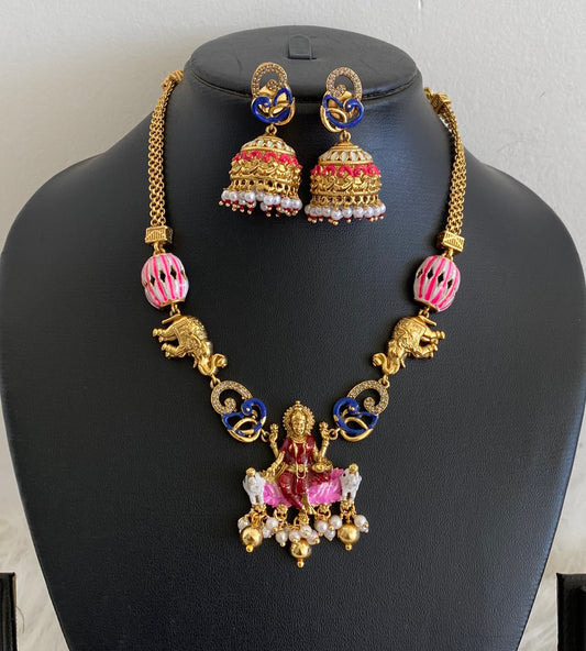 Matte finish meenakari peacock gaja lakshmi necklace set dj-54747