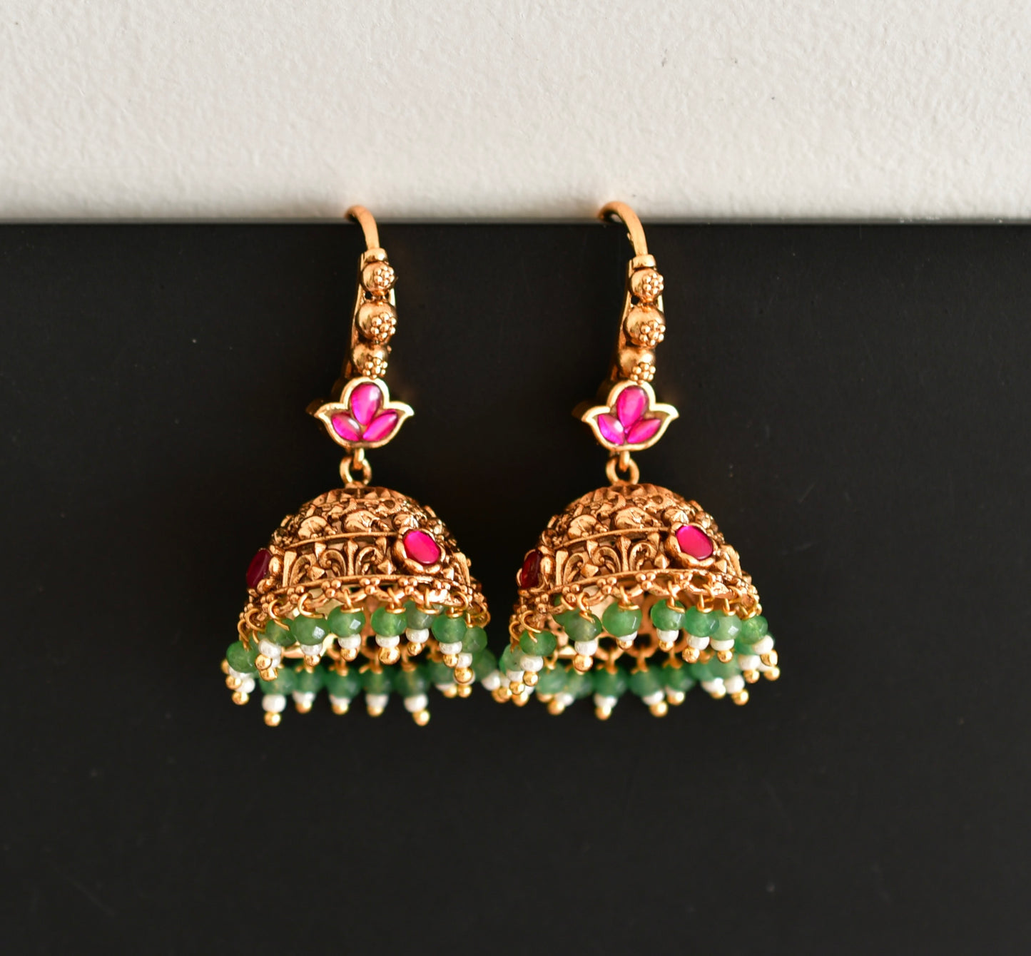 Antique gold tone pink-green beaded hook jhumkka dj-51052