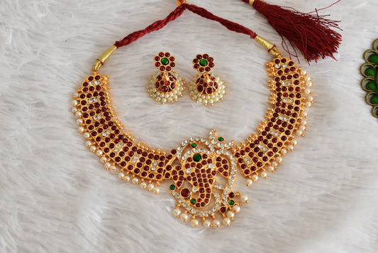 Gold tone kemp-green Ganesha poothali necklace set dj-52355