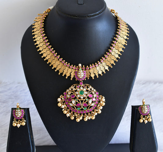 Antique gold tone pink-green-white flower necklace set dj-53010