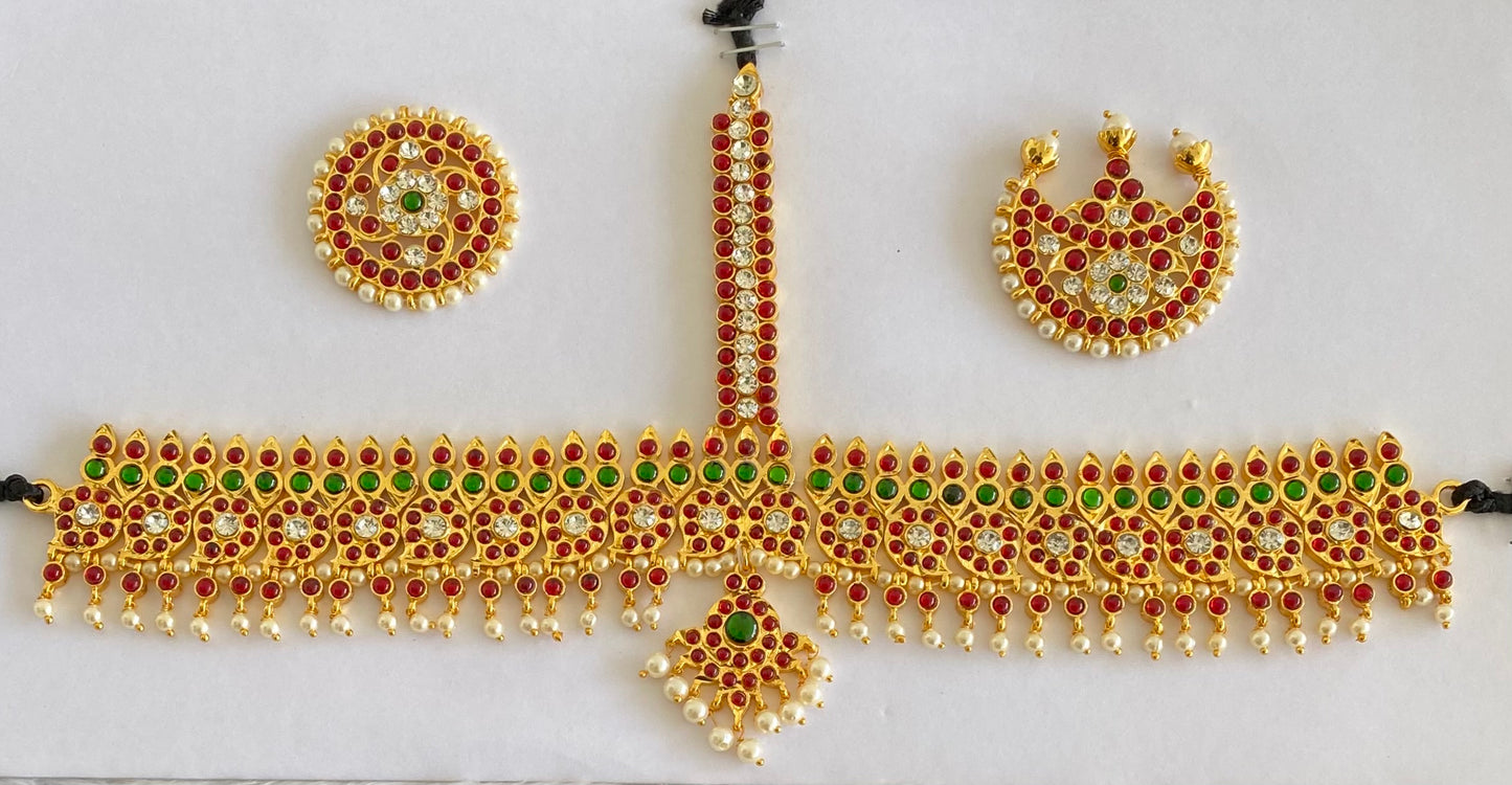 Gold tone kemp-green-white pearl beaded mango tikka dj-53644