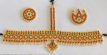 Gold tone kemp-green-white pearl beaded mango tikka dj-53644