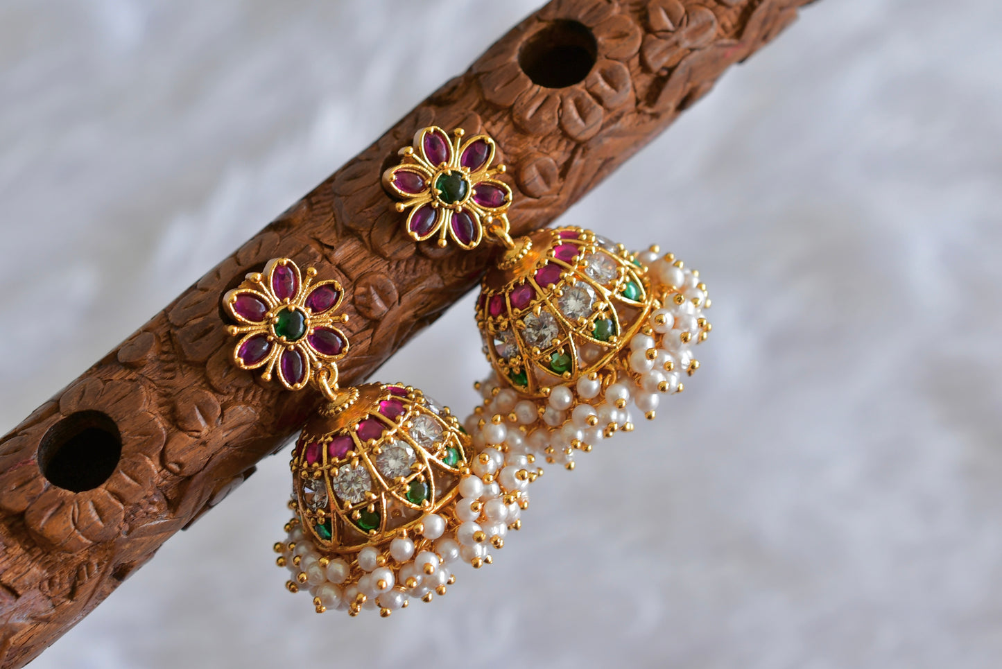 Matte finish cz kemp-green pearl cluster jhumkka dj-33784