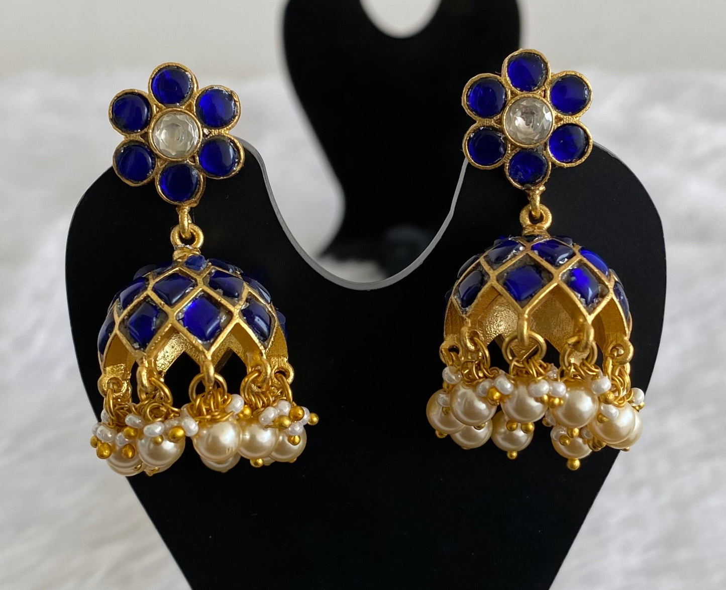 Gold tone blue-white stone kundan jadau jhumkka dj-53586