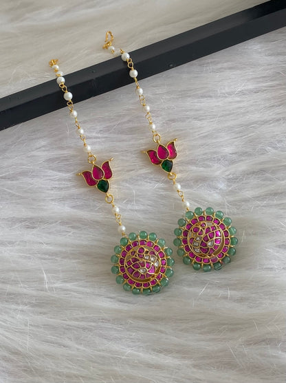 Gold tone kundan jadau green bead peacock round earrings with lotus side chain dj-55058