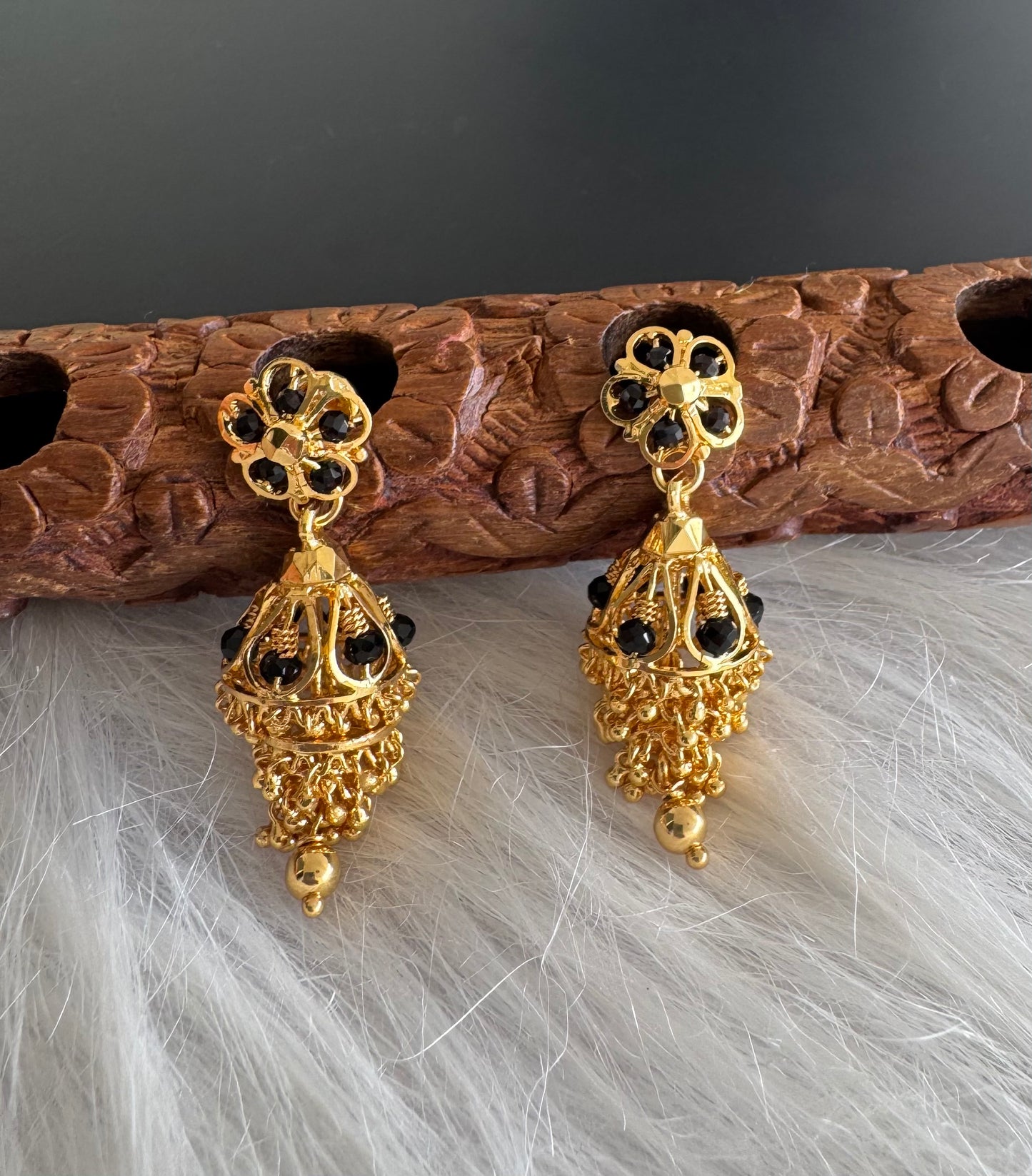 Gold tone black beaded step jhumkka dj-51282