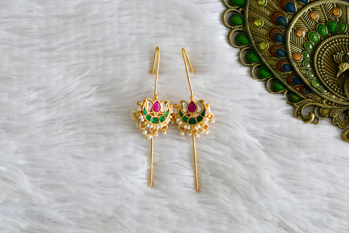 Gold tone pink-green-white kundan jadau lotus bugadi needle earrings dj-52453