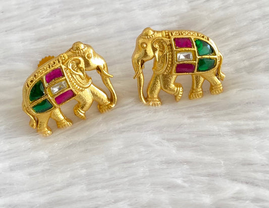 Gold tone pink-green-white kundan jadau elephant earrings dj-53535