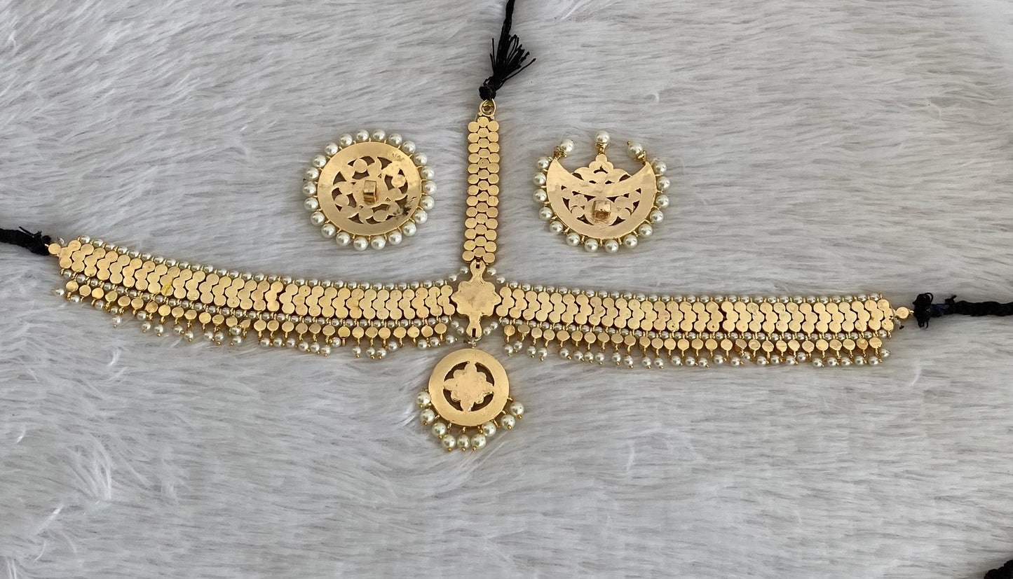 Gold tone AD white stone pearl with sun moon set tikka dj-53385