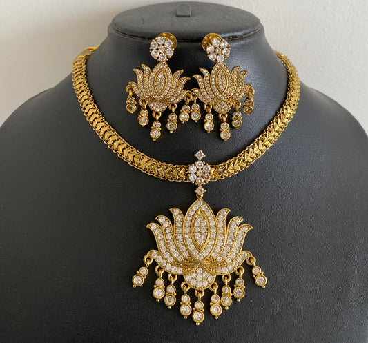 Dark antique finish white stone lotus necklace set dj-53602