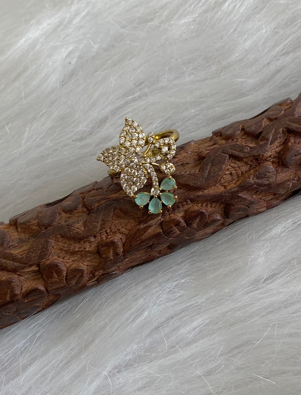 Antique gold tone cz white-sea green stone flower adjustable finger ring dj-55046