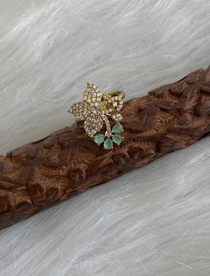 Antique gold tone cz white-sea green stone flower adjustable finger ring dj-55046