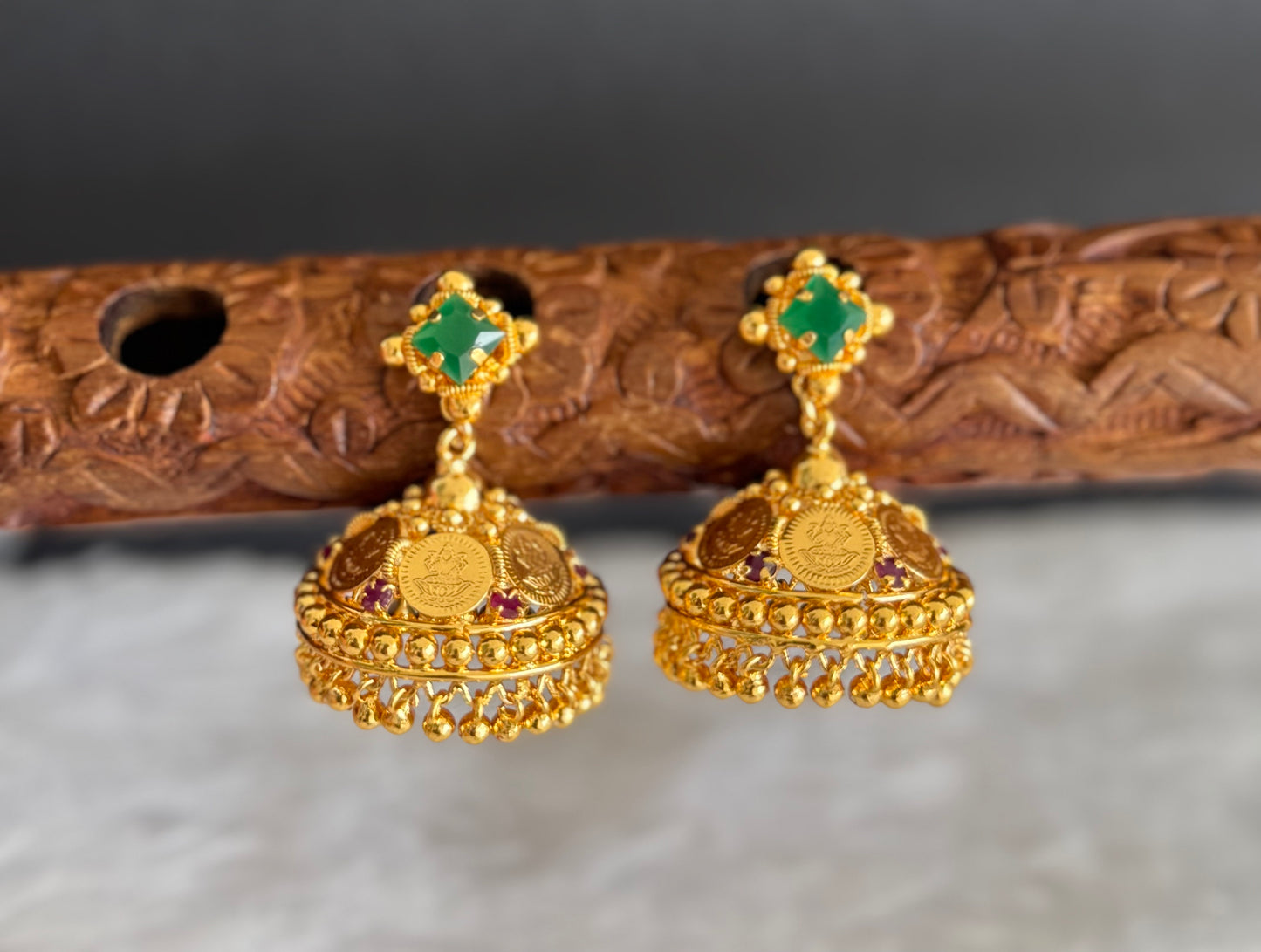 Gold tone green-pink lakshmi coin jhumkka dj-51482