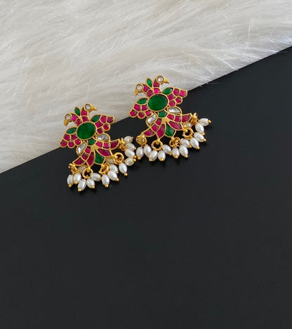 Gold tone kundan jadau rice pearl gandaberunda earrings dj-54507