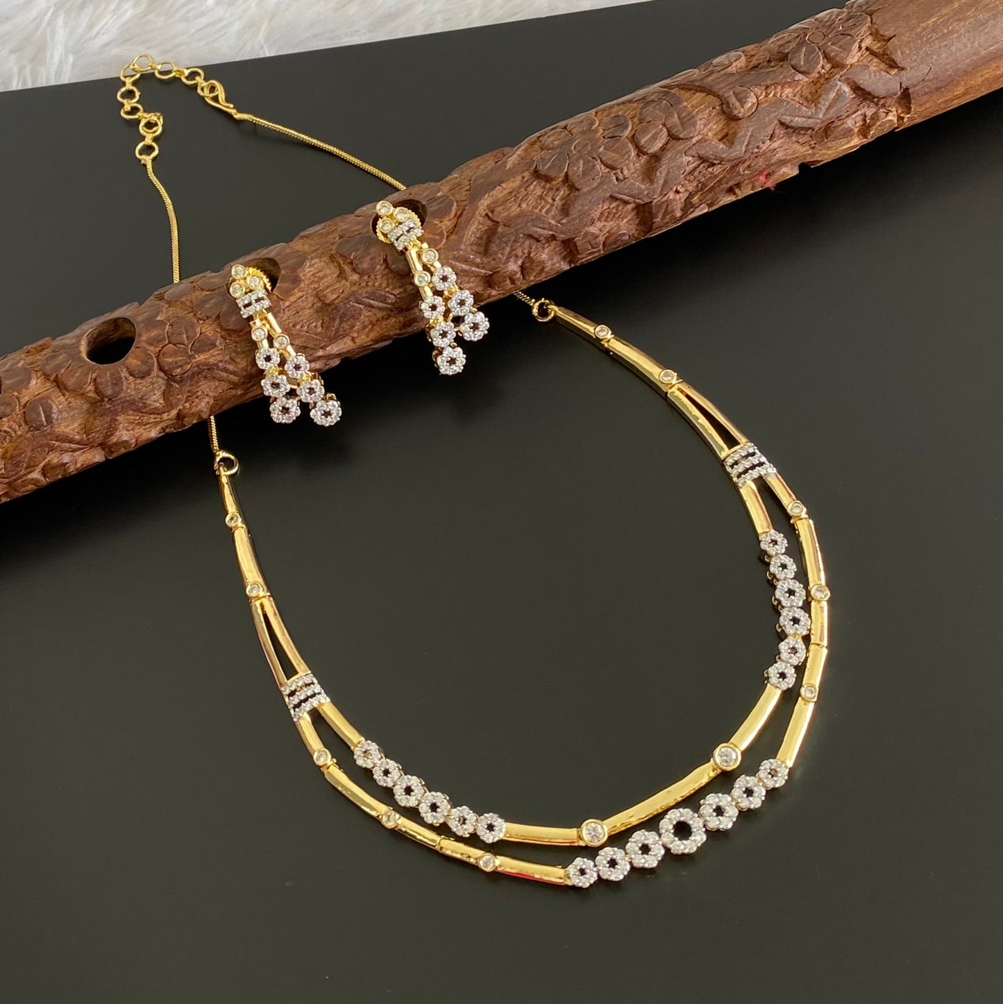 Two tone cz white stone double layer necklace set dj-54345