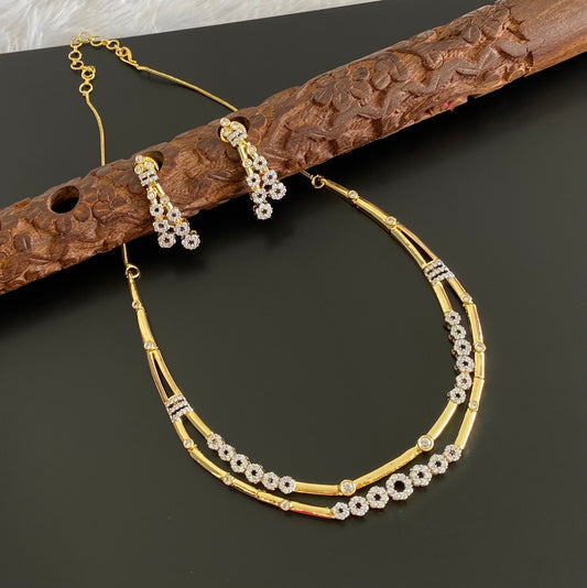 Two tone cz white stone double layer necklace set dj-54345
