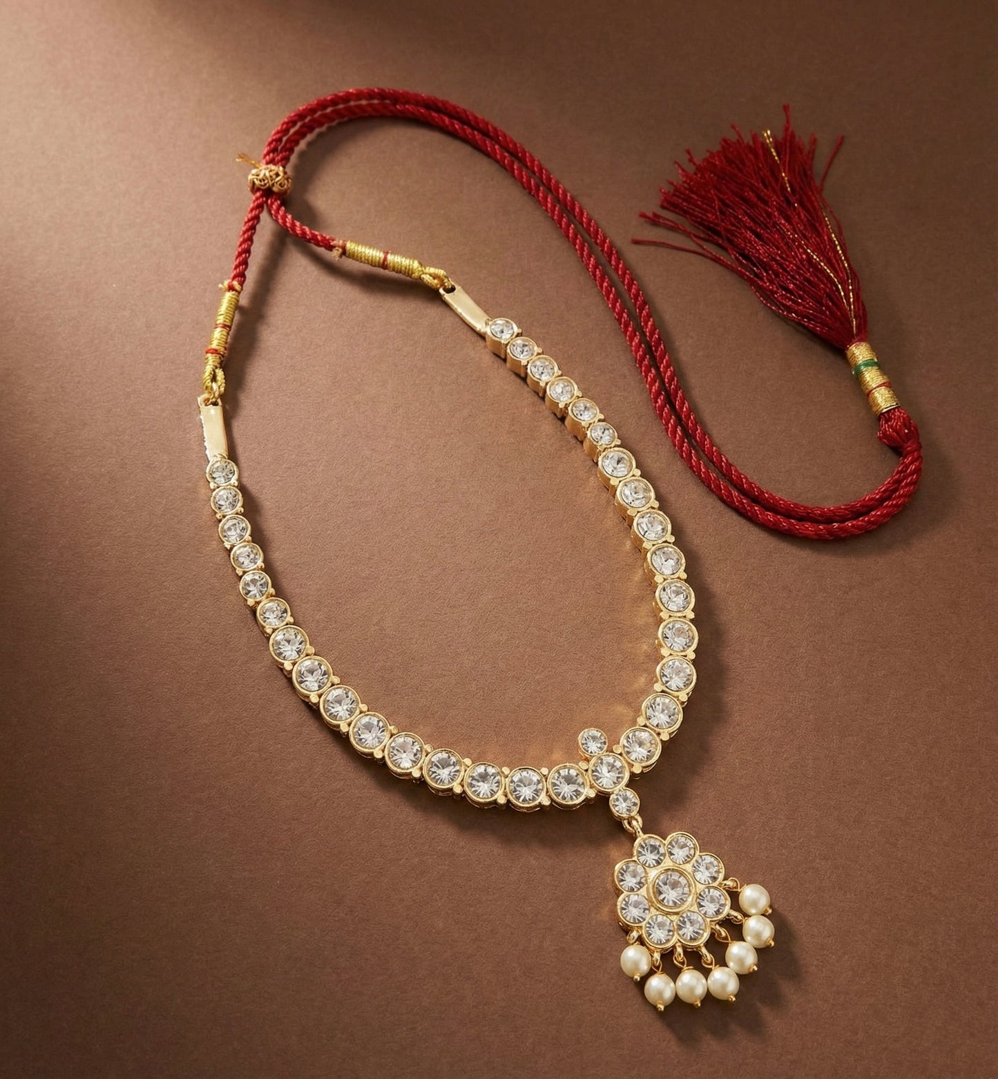Gold tone AD white stone attigai/necklace dj-51454