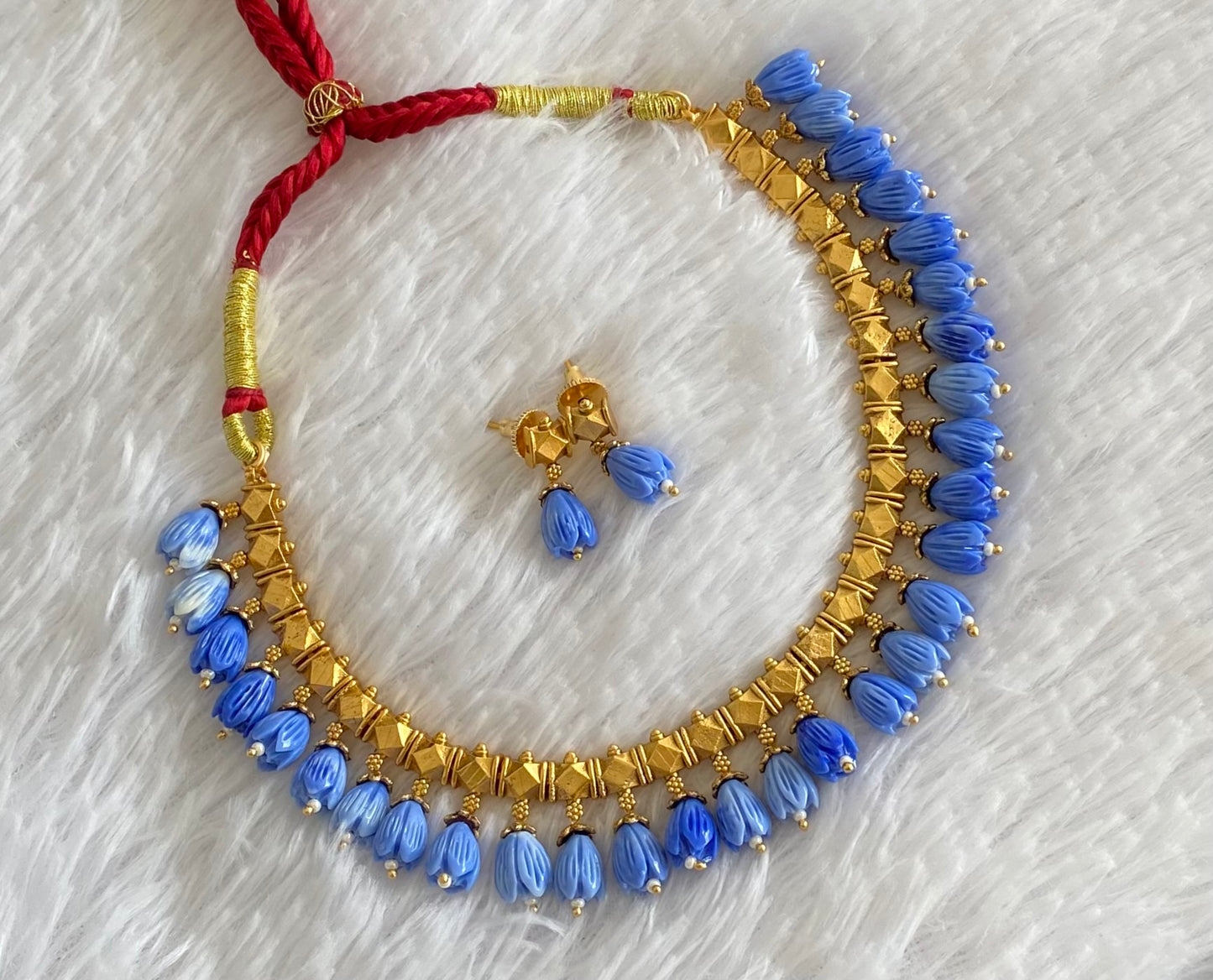 Antique gold tone blue tulip beaded necklace set dj-54369